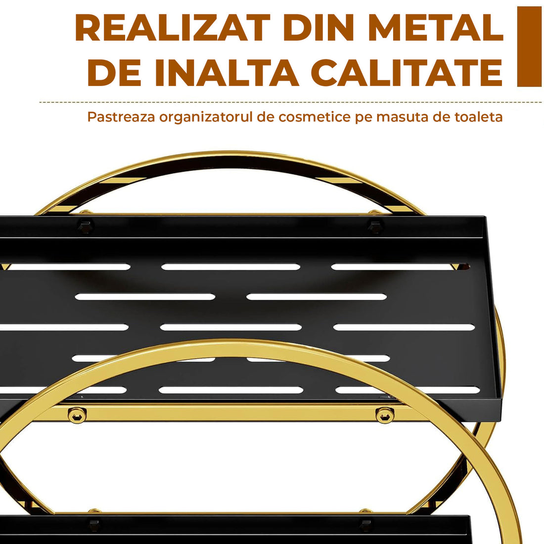 Organizator Cosmetice 2 Niveluri Elindor®, Suport Parfum si Skincare, Raft de Dus Baie, Etajera Depozitare, Accesorii Universale, 28 × 15 × 29 cm, Negru / Auriu