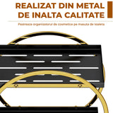 Organizator Cosmetice 2 Niveluri Elindor®, Suport Parfum si Skincare, Raft de Dus Baie, Etajera Depozitare, Accesorii Universale, 28 × 15 × 29 cm, Negru / Auriu