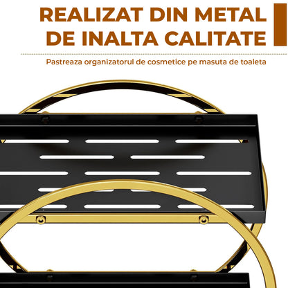 Organizator Cosmetice 2 Niveluri Elindor®, Suport Parfum si Skincare, Raft de Dus Baie, Etajera Depozitare, Accesorii Universale, 28 × 15 × 29 cm, Negru / Auriu