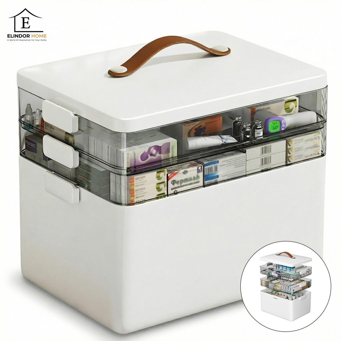 Cutie pentru Medicamente Elindor® cu 3 Compartimente, Cutii Depozitare, cu Capac si Maner Transport, pentru Sertar, Dulap Baie, Dormitor, pentru Pastile, Unguente si Accesorii Medicale25.5 × 22 × 34 cm, Alb