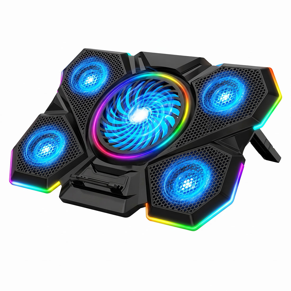 Cooler Laptop Gaming RGB Elindor® Suport cu Unghi Reglabil pe 7 Nivele, Viteza Ajustabila, Dimensiuni Compatabile 12-17 Inch, 5 Ventilatoare Puternice si Silentioase, 2 Porturi USB, pentru Birou, Calatorii, 40.6 x 27.5 x 2.9 cm, Negru