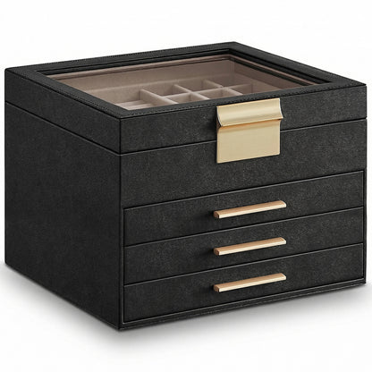 Cutie de Bijuterii Elindor® cu Capac, Organizator 4 Niveluri, 3x Sertar, Spatiu de Depozitare Inel, Verighete, Lantisoare, Bratari, Cercei, Caseta din Material Catifelat, Design Rafinat, Simplu si Elegant, Piele Ecologica Neagra, 23×20x16