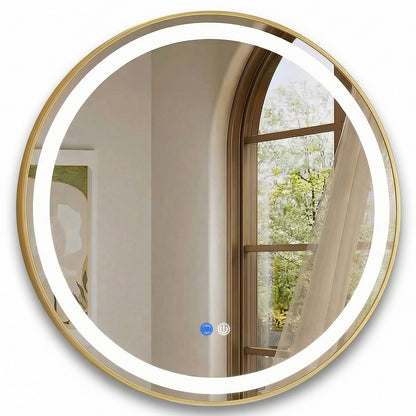 Oglinda de Perete Elindor® Rotunda, Antiaburire, cu Rama Aurie, Ideala pentru Baie, Iluminare Led, 3 Culori Lumina, Dimabila, Buton ON/OFF Luminat si Noaptea, Rezistenta la Umiditate IP44, 60 x 60 cm