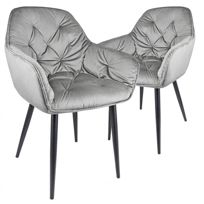 Set 2 Scaune Elindor® Ergonomice, Design Contemporan, Scaun cu Spatar si cu Manere, din Catifea cu Picioare Metalice Negre, Potrivite pentru Living, Bucatarie, Birou, Dormitor, Latime Sezut 55 cm, Gri