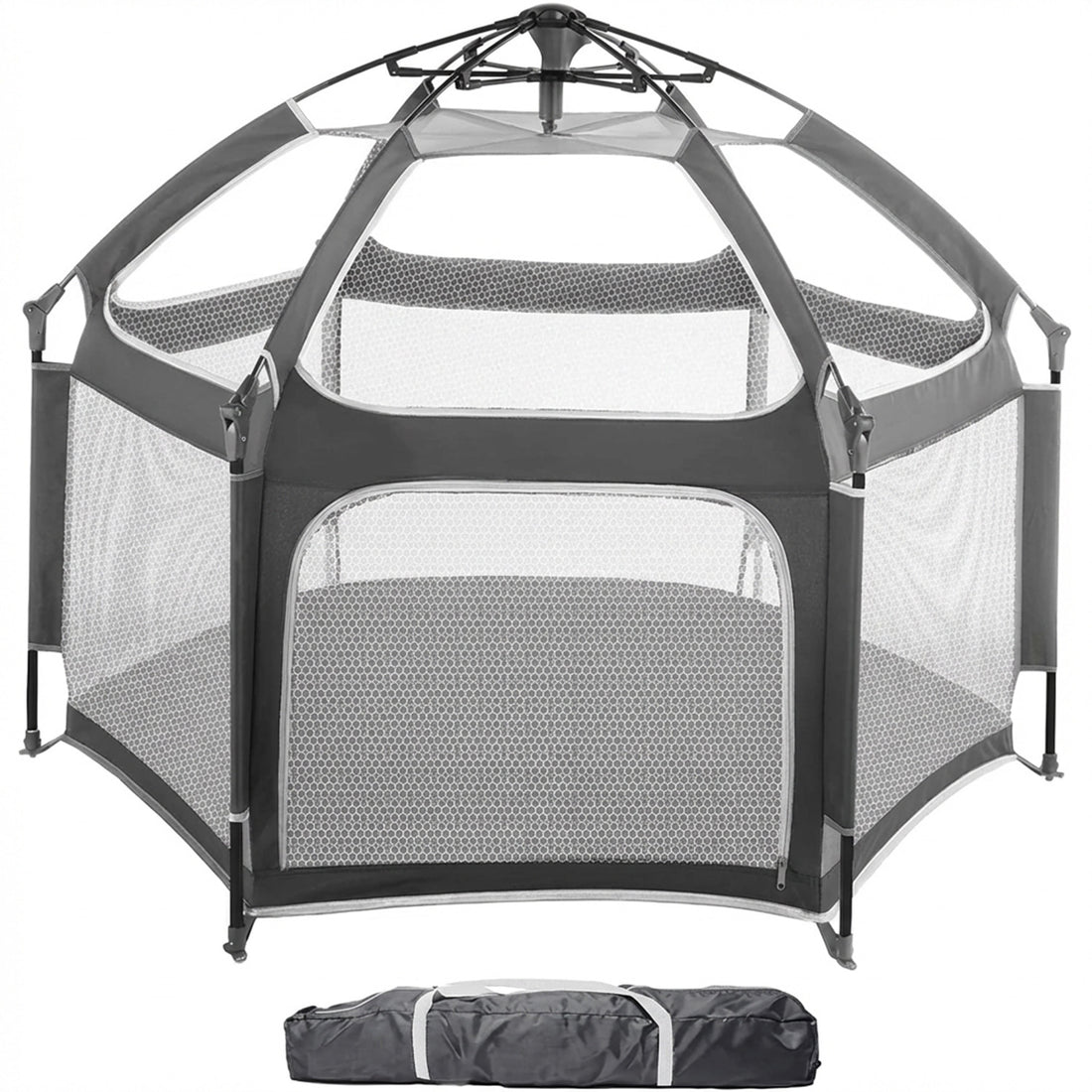 Tarc de Joaca pentru Bebelusi si Copii Elindor® Tip Cort, Spatiul Sigur de Joaca, Plasa de Protectie UV, Include Usa cu Fermoar, Materiale Eco-Friendly și Non-Toxice, Varsta 1-3 ani, 150 x 122 cm, Gri