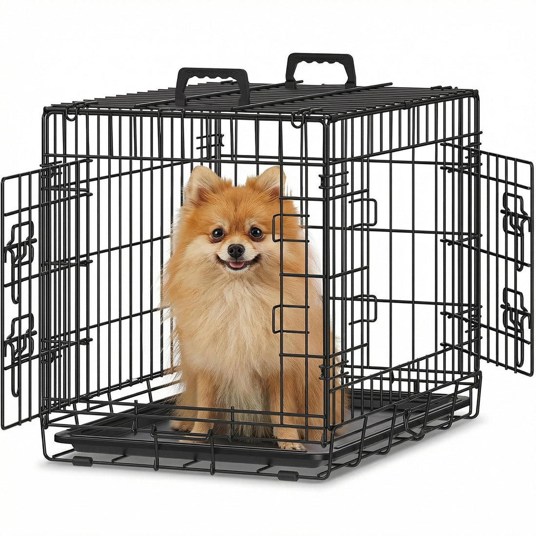 Cusca pentru Animale Elindor® Pliabila, Potrivita pentru Caini de Talie Mica, Medie de pana la 5 Kg, Utilizare in Interior si Exterior sau Calatorii, cu 2 Usi, Baza din Plastic Detasabila, 2 Manere pentru Transport, Marime S, 47 × 31 × 37.5 cm, Negru