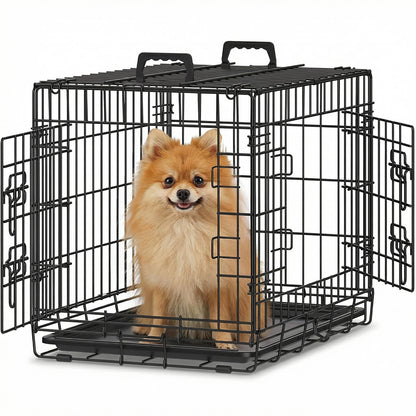 Cusca pentru Animale Elindor® Pliabila, Potrivita pentru Caini de Talie Mica, Medie de pana la 5 Kg, Utilizare in Interior si Exterior sau Calatorii, cu 2 Usi, Baza din Plastic Detasabila, 2 Manere pentru Transport, Marime S, 47 × 31 × 37.5 cm, Negru