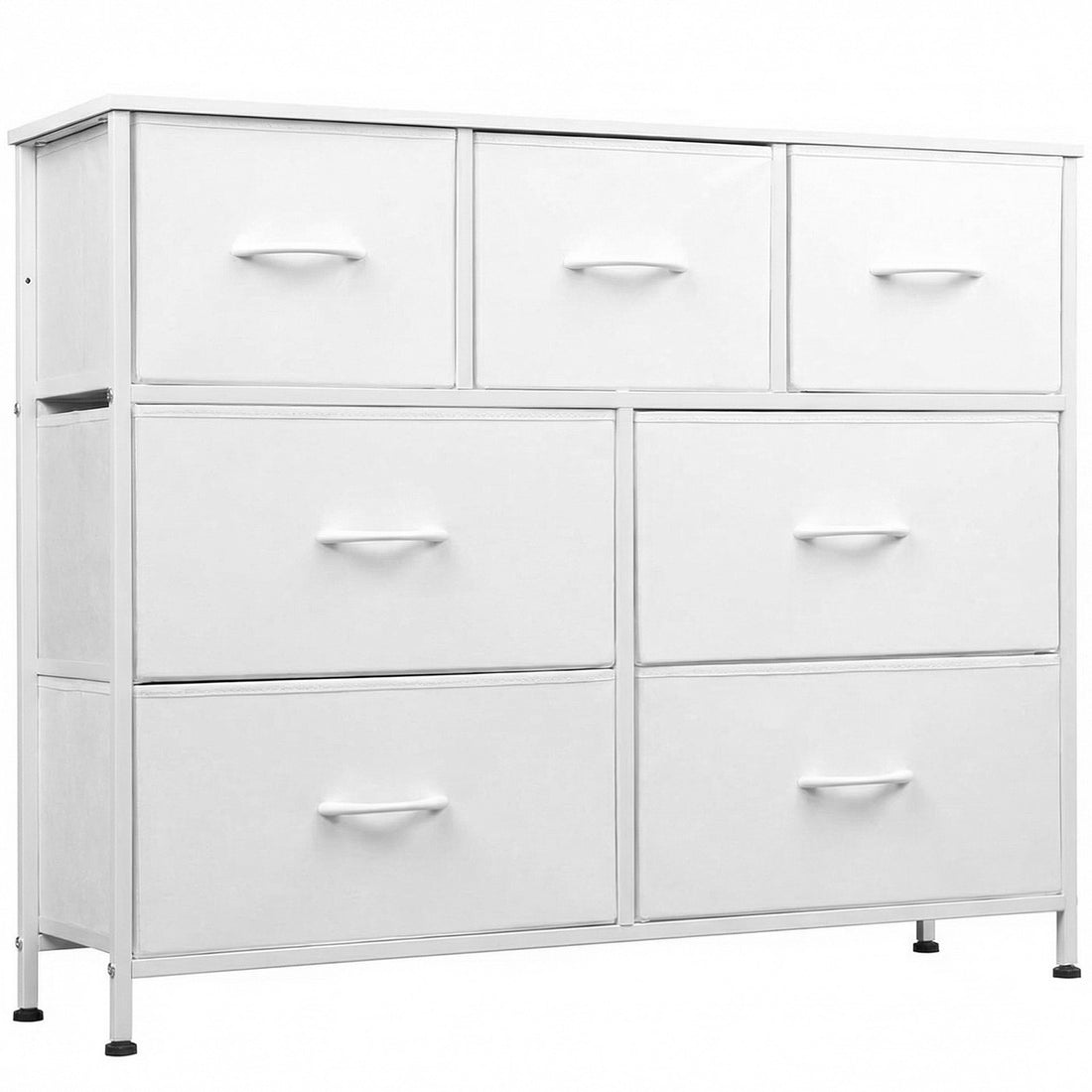 Comoda Elindor® cu 7 Sertare, Cadru Metalic, Blat Lemn, Sertare Textil, pentru Dormitor, Living, Depozitare Haine, Jucarii, Accesorii, 100 × 30 × 77 cm, Alb