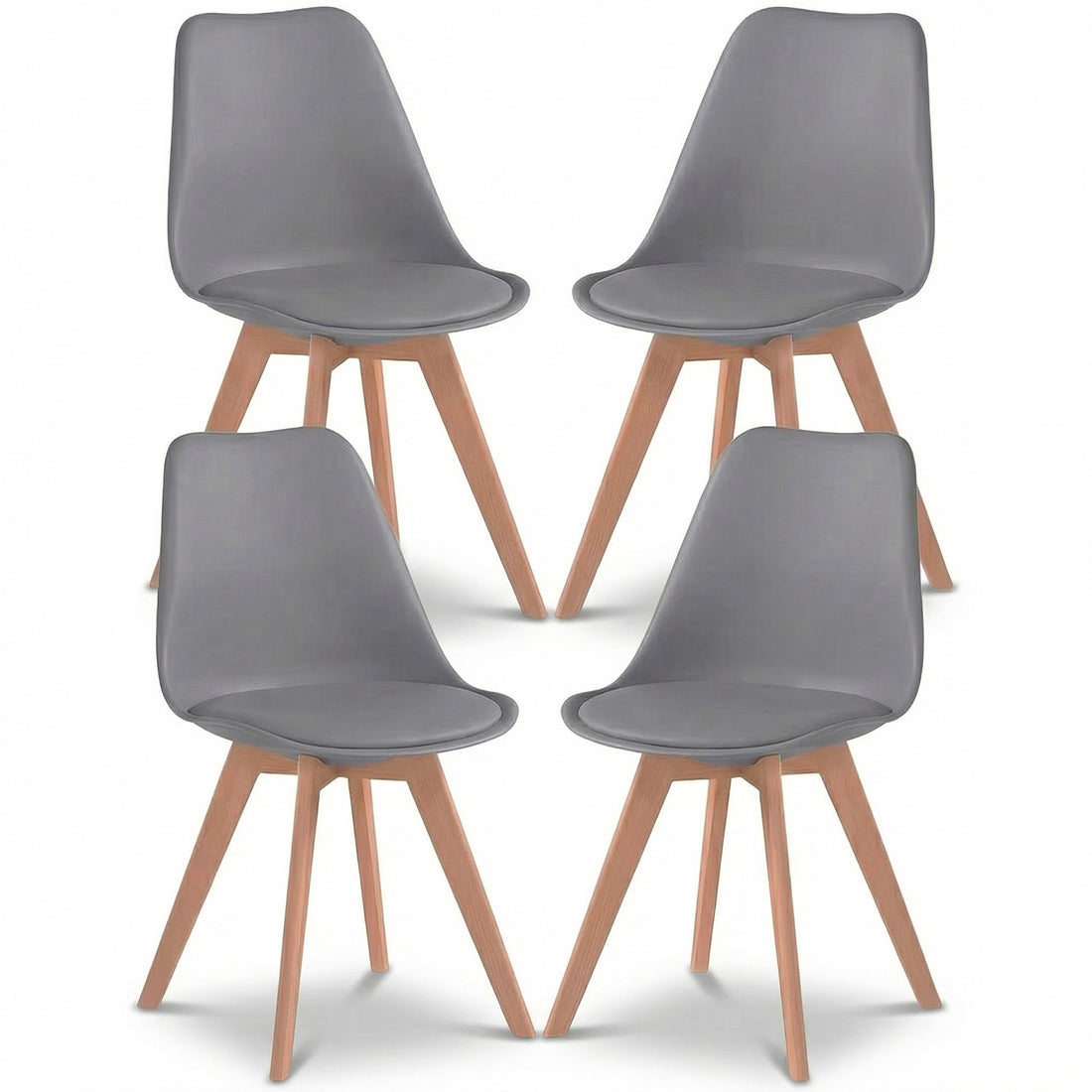 Set 4 Scaune Bucatarie Gri Elindor® din Piele Ecologica, Picioare din Lemn, Scaun Confortabil, Perna Sezut, Elegant, pentru Bucatarie, Dormitor, Living, 50 x 45 x 81 cm