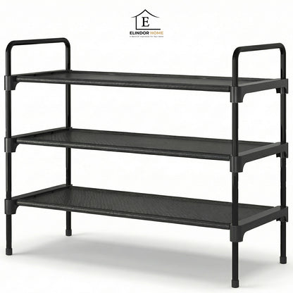 Organizator pentru Pantofi Elindor® Pantofar cu 3 Nivele Mari, Fara Gauri, Suport Metalic pentru Papuci, Dulap Hol, Dormitor, Economisire Spatiu, Depozitare Incaltaminte, 70 × 30 × 57 cm, Negru