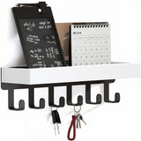 Suport pentru Chei din Lemn Elindor® pentru Perete, cu 6 Carlige, Maontare cu Adeziv sau Suruburi, Compact si Durabil, pentru Hol, Sufragerie, Bucatariei, Dormitor, 25 x 6 x 6 cm, Alb