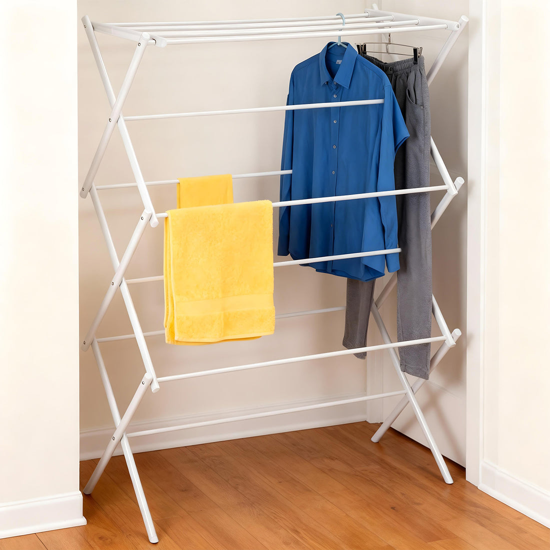 Uscator Vertical Elindor® pentru Rufe haine 6 Nivele, Pliabil, 11 Bare pentru Uscare Haine, Suport Fix, Economie de Spatiu, Ideal pentru Interior, Greutate Maxima Suportata 14.5 kg, 37 × 75 × 106 cm, Alb