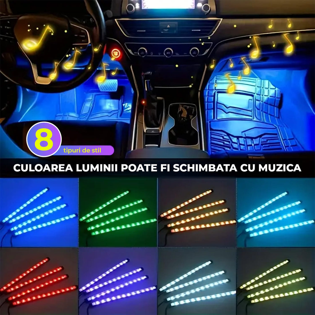 Lumini Interioare Auto Elindor®, 4 Benzi LED, Control Wireless, 8 Culori RGB