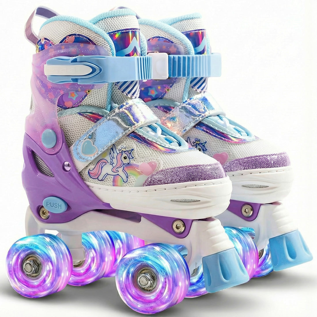 Role Reglabile Elindor® pentru Copii si Adulti, 4 Roti Luminoase din Silicon Quad, Rulmenti ABEC-7, Frana Fata, Aluminiu / Poliuretan, Patine cu Rotile pentru Fete, Baieti, Dama, Marimea S, 28-31, Mov