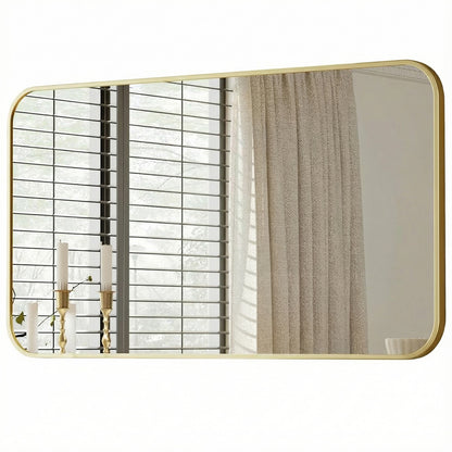 Oglinda Decorativa Elindor® 122x75cm Rama Aurie, Agatare pe Perete sau Sprijinita, Dreptunghiulara, Colturi Rotunjite, Moderna si Eleganta, Reflexie HD, Sticla fara Distorsiuni, Ideala pentru Dormitor, Living, Birou, Dressing, Hol, Baie