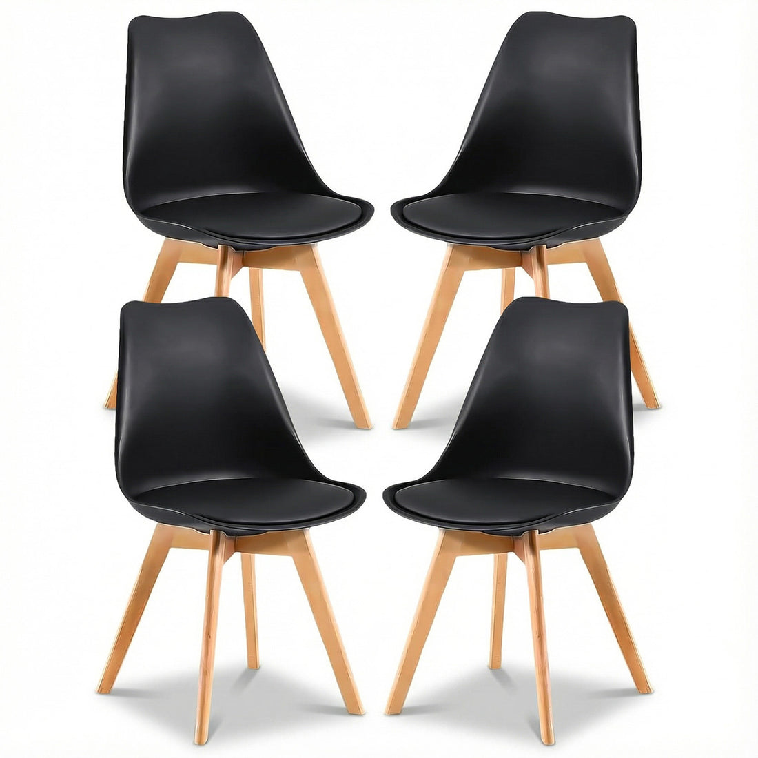 Set 4 Scaune Bucatarie Negre Elindor® din Piele Ecologica, Picioare din Lemn, Scaun Confortabil, Perna Sezut, Elegant, pentru Bucatarie, Dormitor, Living, 50 x 45 x 81 cm