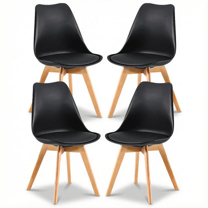 Set 4 Scaune Bucatarie Negre Elindor® din Piele Ecologica, Picioare din Lemn, Scaun Confortabil, Perna Sezut, Elegant, pentru Bucatarie, Dormitor, Living, 50 x 45 x 81 cm