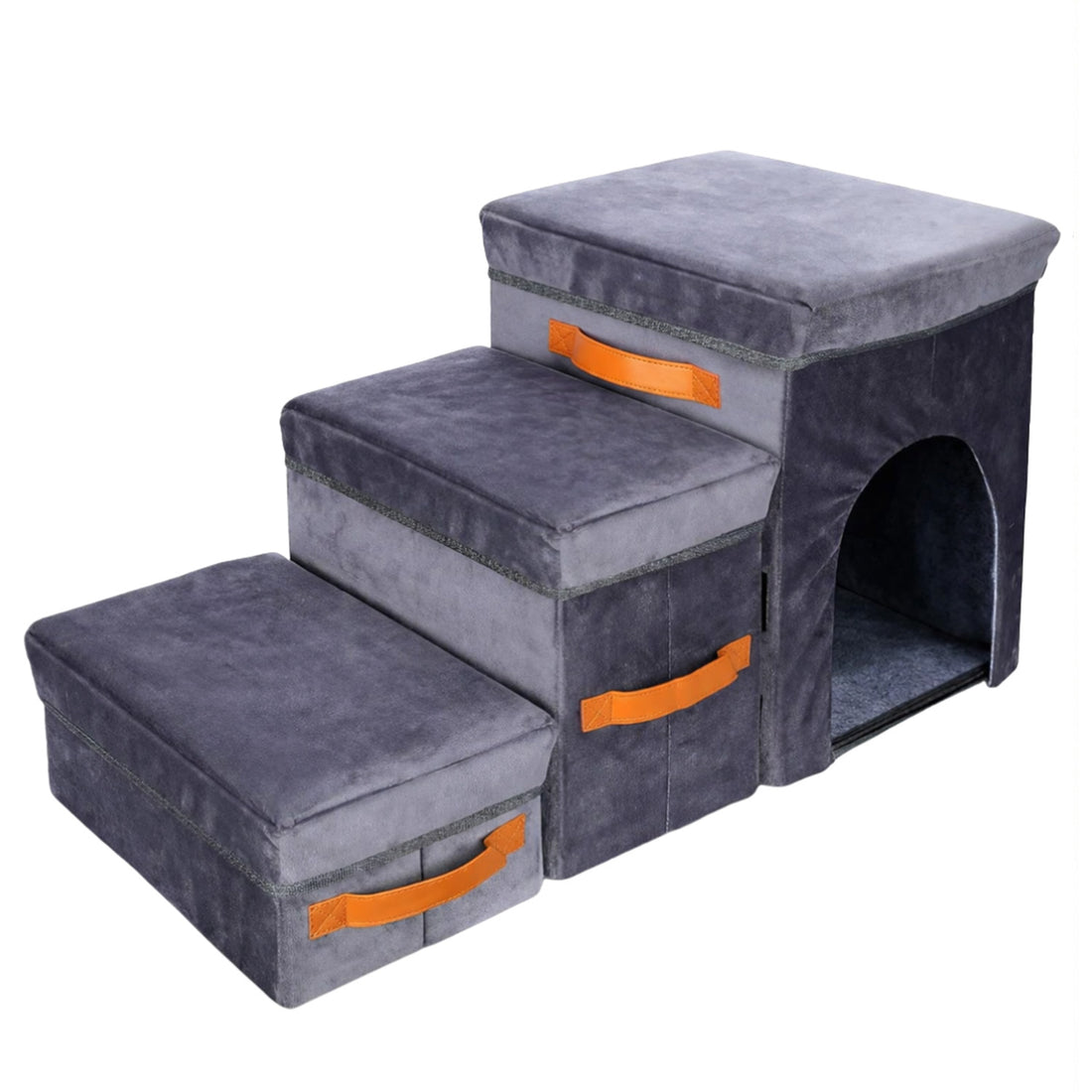 Scari Animale Elindor®, 3 Trepte pentru Caini si Pisici cu Spatiu Depozitare, Trepte Antiderapante pentru Pat sau Canapea, Structura din Placa de Inalta Densitate si Material Textil, pentru Dormitor, Living, 78 x 45 x 34 cm, Gri