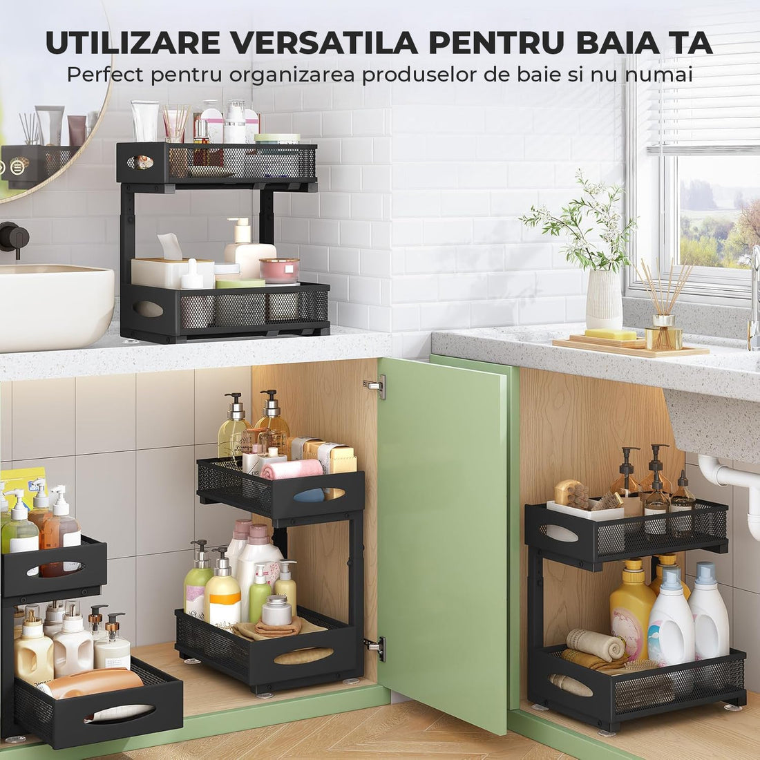 Organizator cu Sertare Glisante Elindor® pe 2 Nivele pentru Dulap, sub Chiuveta, Raft cu Sertar pentru Camara, Organizare Bucatarie, Baie si Birou, Sistem Glisant si Antialunecare, Accesorii Depozitare, Multifunctional, Organizatoare pentru Casa, Negru