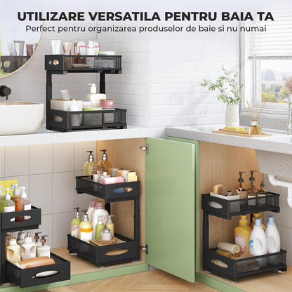 Organizator cu Sertare Glisante Elindor® pe 2 Nivele pentru Dulap, sub Chiuveta, Raft cu Sertar pentru Camara, Organizare Bucatarie, Baie si Birou, Sistem Glisant si Antialunecare, Accesorii Depozitare, Multifunctional, Organizatoare pentru Casa, Negru