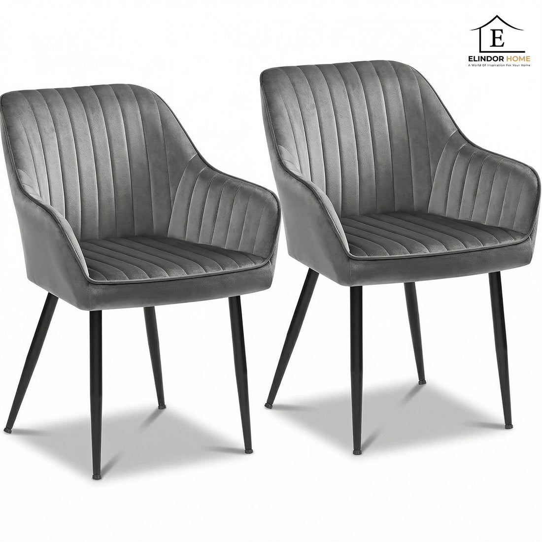 Set 2 Scaune Elindor® Ergonomice, Design Contemporan, Scaun cu Spatar si cu Manere, din Catifea cu Picioare Metalice Negre, Potrivite pentru Living, Bucatarie, Birou, Dormitor, 90x60x45 cm, Gri