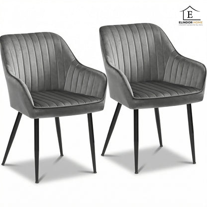 Set 2 Scaune Elindor® Ergonomice, Design Contemporan, Scaun cu Spatar si cu Manere, din Catifea cu Picioare Metalice Negre, Potrivite pentru Living, Bucatarie, Birou, Dormitor, 90x60x45 cm, Gri
