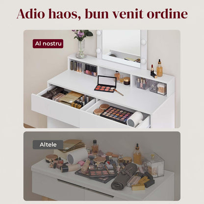 Masa de Machiaj Elindor®, cu Oglinda si Iluminare LED Reglabila, Spatiu Generos de Depozitare, 2 Sertare si 3 Compartimente, Fixare Anti-Rasturnare 40 × 100 × 145 cm, Alb