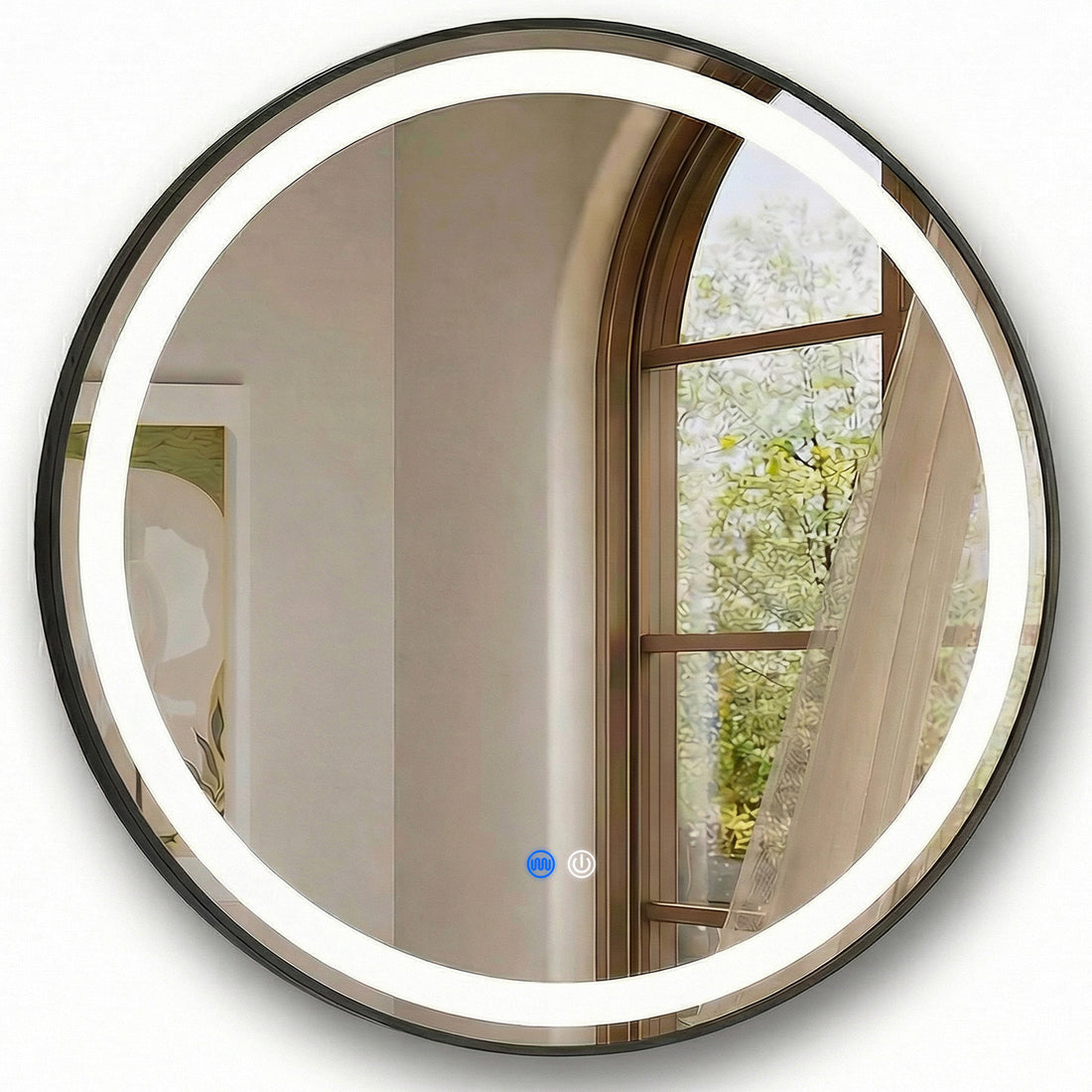 Oglinda de Perete Elindor® Rotunda, Antiaburire, cu Rama Neagra, Ideala pentru Baie, Iluminare Led, 3 Culori Lumina, Dimabila, Buton ON/OFF Luminat si Noaptea, Rezistenta la Umiditate IP44, 60 x 60 cm