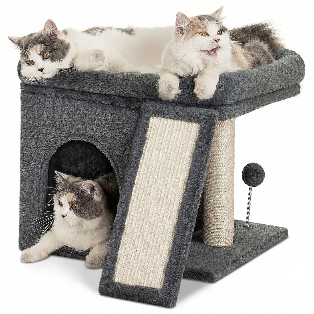 Ansamblu de Joaca Elindor® pentru Pisici, Post pentru Zgariat din Sisal, Stalp pentru Ascutit Gheare, Baza Solida, Pat Moale pentru Dormit, Accesorii Animale de Companie, Montare Usoare, Gri