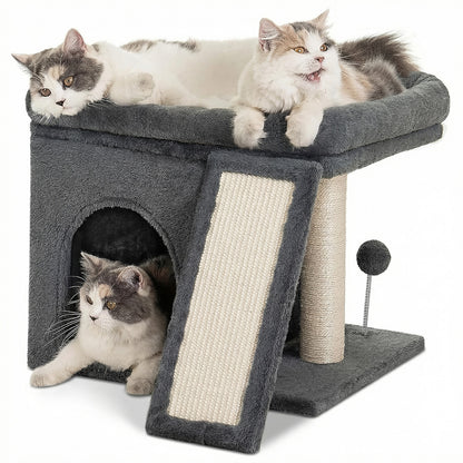 Ansamblu de Joaca Elindor® pentru Pisici, Post pentru Zgariat din Sisal, Stalp pentru Ascutit Gheare, Baza Solida, Pat Moale pentru Dormit, Accesorii Animale de Companie, Montare Usoare, Gri