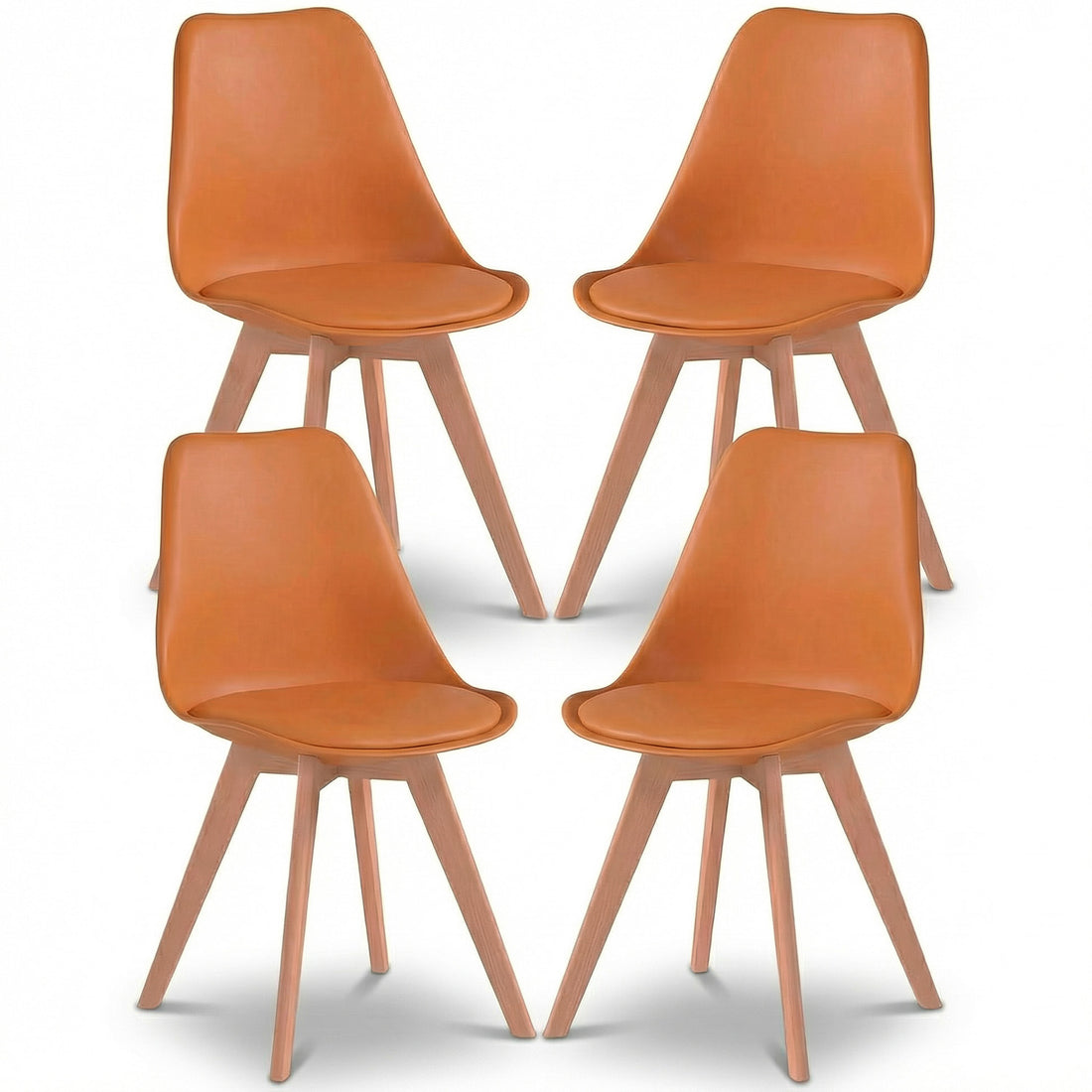 Set 4 Scaune Bucatarie Elindor® din Piele Ecologica, Picioare din Lemn, Scaun Confortabil, Perna Sezut, Elegant, pentru Bucatarie, Dormitor, Living, 50 x 45 x 81 cm, Portocaliu