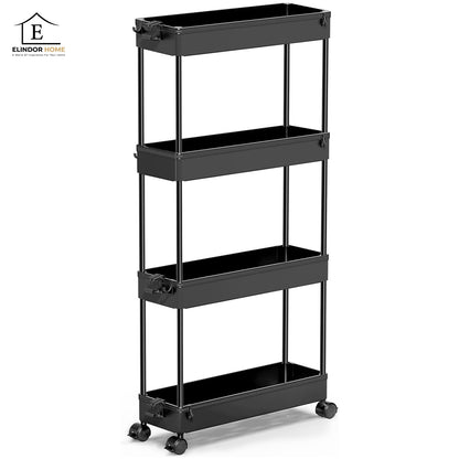 Carucior Organizator 4 Niveluri Elindor® Modular, cu Roti 360°, Organizator Bucatarie, Multifunctional, Raft Mobil Organizare Baie, Camara, Birou, Bar, 85 × 12.5 × 38.8 cm, Negru