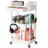 Carucior Organizator 3 Niveluri Elindor®, cu 1 Sertar si Roti 360°, Organizator Bucatarie, Multifunctional, Raft Mobil Organizare Baie, Camara, Birou, Bar, 38 x 27 x 74 cm, Alb