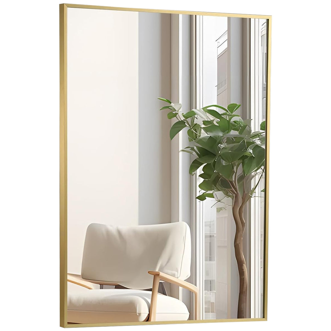 Oglinda Decorativa Elindor® Agatare pe Perete sau Sprijinita, Aurie, Dreptunghiulara, Moderna si Eleganta, Reflexie HD, Sticla fara Distorsiuni, Ideala pentru Dormitor, Living, Birou, Dressing, Hol, Baie, Rama Metalica, 90 x 60 cm