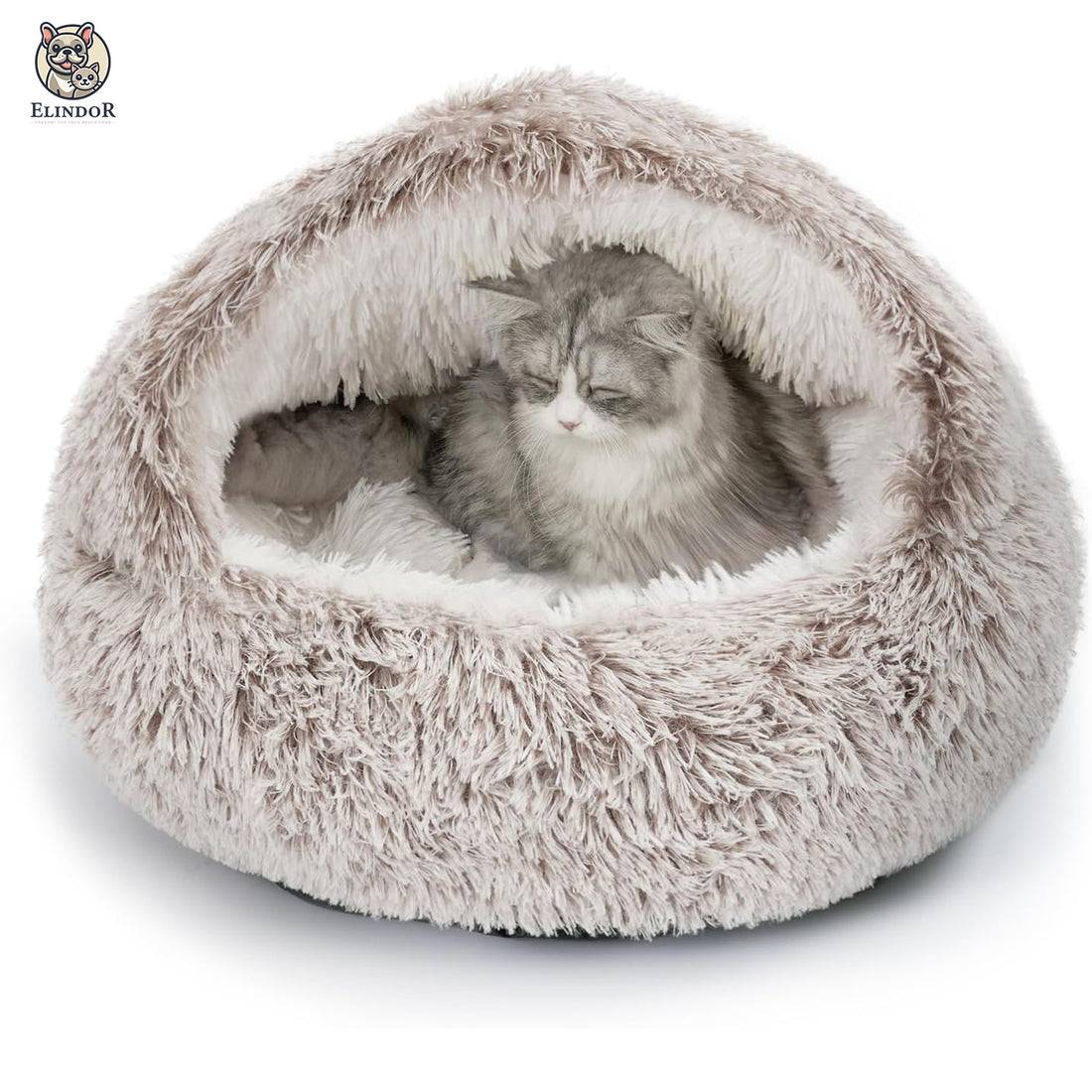 Pat Confortabil pentru Caini si Pisici Elindor® Rotund, Culcus Moale Antiderapant, Potrivit pentru Caine si Pisica de Talie Mica si Medie, Ideal in Orice Anotimp, in Casa, 60 × 60 × 16 cm, Gri / Bej