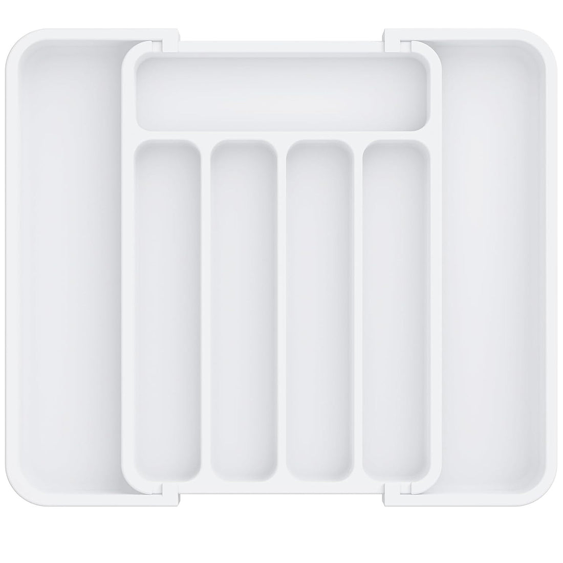Organizator Extensibil Elindor® pentru Tacamuri si Ustensile de Bucatarie, 7 Compartimente, Sertar Extensibil 31 × 21.5 × 4 cm, Suport Ajustabil pentru Cutite, Linguri, Furculite, Alb