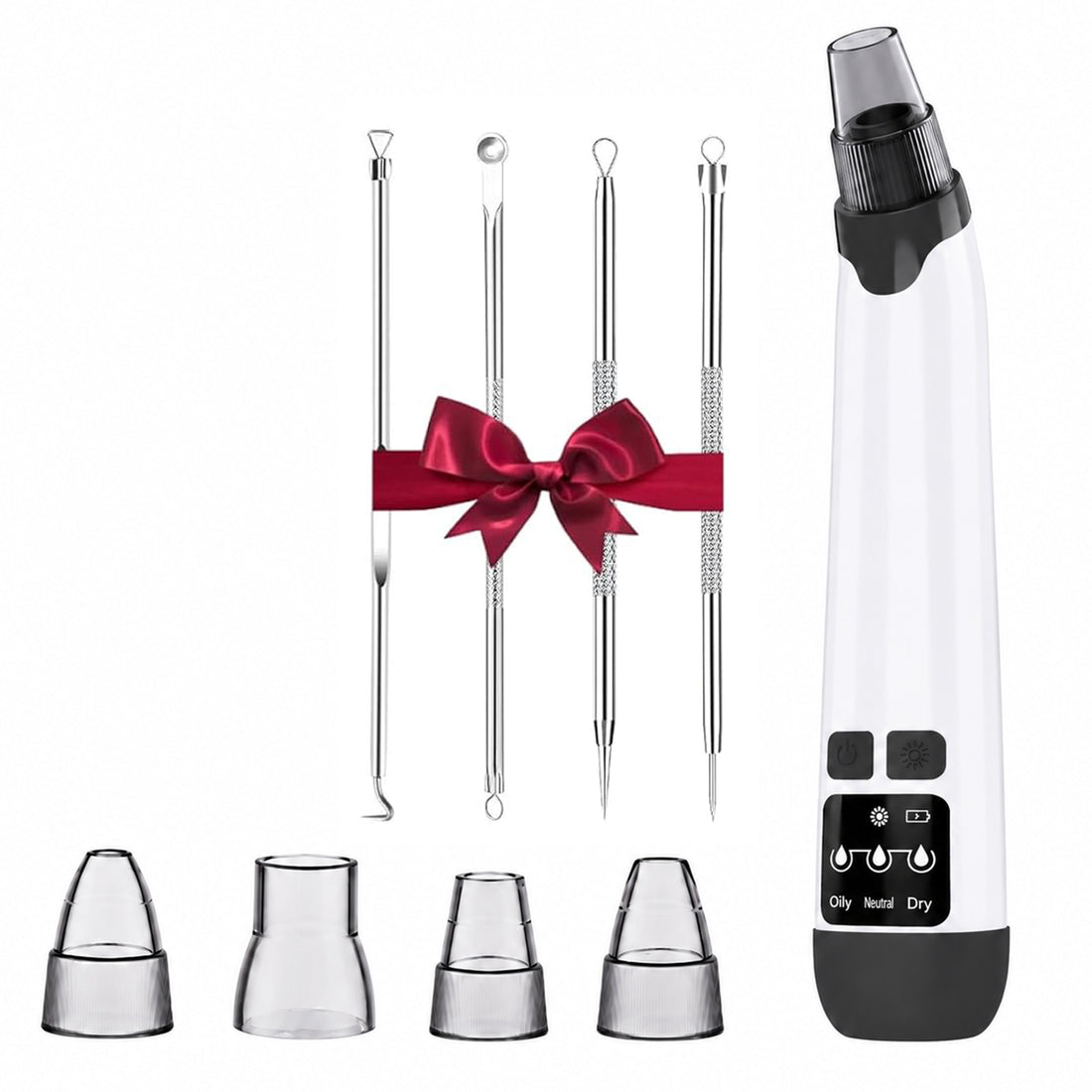 Aparat pentru Puncte Negre Elindor® Aspirator Reglabil, 4 Capete Incluse, 3 Trepte de Viteza, Ingrijirea Tenului, Alb
