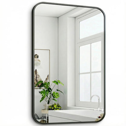 Oglinda Decorativa 90x60 cm Elindor® Agatare pe Perete sau Sprijinita, Rama Neagra, Dreptunghiulara, Colturi Rotunjite, Moderna si Eleganta, Reflexie HD, Sticla fara Distorsiuni, Ideala pentru Dormitor, Living, Birou, Dressing, Hol, Baie