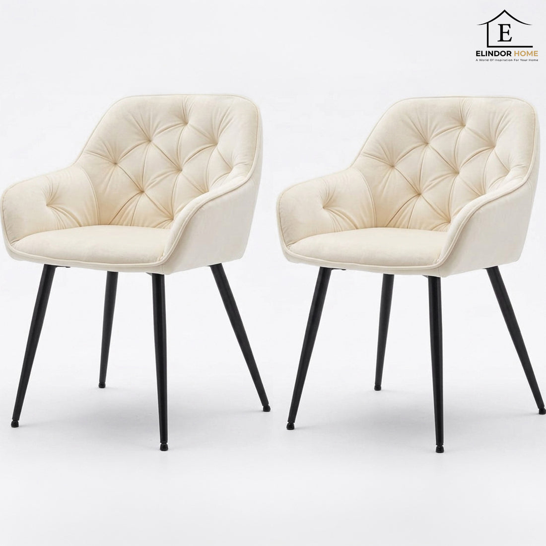 Set 2 Scaune Elindor® Ergonomice, Design Contemporan, Scaun cu Spatar si cu Manere, din Catifea cu Picioare Metalice Negre, Potrivite pentru Living, Bucatarie, Birou, Dormitor, 85 × 60 × 50 cm, Bej