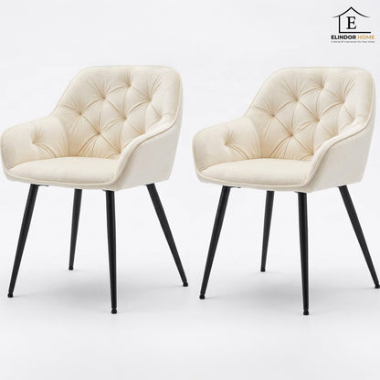 Set 2 Scaune Elindor® Ergonomice, Design Contemporan, Scaun cu Spatar si cu Manere, din Catifea cu Picioare Metalice Negre, Potrivite pentru Living, Bucatarie, Birou, Dormitor, 85 × 60 × 50 cm, Bej