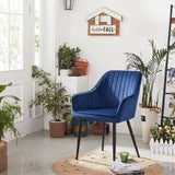 Set 2 Scaune Elindor® Ergonomice, Design Contemporan, Scaun cu Spatar si cu Manere, din Catifea cu Picioare Metalice Negre, Potrivite pentru Living, Bucatarie, Birou, Dormitor, 90x60x45 cm, Albastru