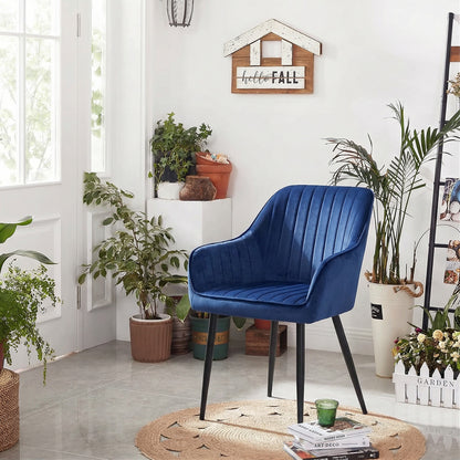 Set 2 Scaune Elindor® Ergonomice, Design Contemporan, Scaun cu Spatar si cu Manere, din Catifea cu Picioare Metalice Negre, Potrivite pentru Living, Bucatarie, Birou, Dormitor, 90x60x45 cm, Albastru