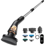 Perie Electrica Rotativa Elindor®, IPX7, 7 Capete Interschimbabile, Maner Telescopic 71.2 cm din Otel Inoxidabil, 2 Trepte de Viteza, 90 Minute Autonomie, pentru Curatare Bucatarie, Baie, Pardoseala, Geamuri, Negru