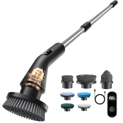 Perie Electrica Rotativa Elindor®, IPX7, 7 Capete Interschimbabile, Maner Telescopic 71.2 cm din Otel Inoxidabil, 2 Trepte de Viteza, 90 Minute Autonomie, pentru Curatare Bucatarie, Baie, Pardoseala, Geamuri, Negru