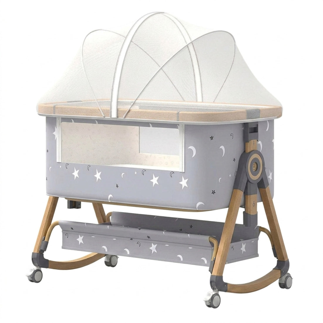 Patut Pliabil Bebelusi Elindo® 3 in 1, Copii 0-6 luni, Leagan Bebe pe 6 Nivele de Inaltime, Cos Depozitare, Portabil, Plasa Laterala, Roti cu Sistem Blocare, Saltea Integrata, Greutate Maxima 9-12 kg, Model cu Stele, Gri