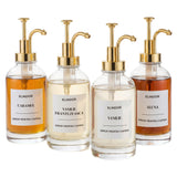 Set 4 Dispensere Sirop Cafea Elindor® din Sticla cu Pompa Aurie Inox si Plastic, Organizator Bucatarie, Organizatoare Sertar, Recipient 500 ml, 22 × 8.1 cm, Transparent