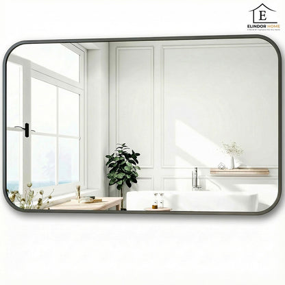 Oglinda Decorativa 122x75 cmElindor® Agatare pe Perete sau Sprijinita, Neagra, Dreptunghiulara, Colturi Rotunjite, Moderna si Eleganta, Reflexie HD, Sticla fara Distorsiuni, Ideala pentru Dormitor, Living, Birou, Dressing, Hol, Baie, Rama Metalica,