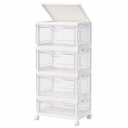 Organizator 4 Nivele Elindor® Carucior cu Roti, Modular, Ajustabil, Raft Mobil Organizare Baie, Camara, Birou, Bar, Dulap pentru Depozitare Legume, Fructe, Detergenti, Parfumuri, Haine, 4x Cutie Detasabila, 38 x 27 x 84 cm, Transparent