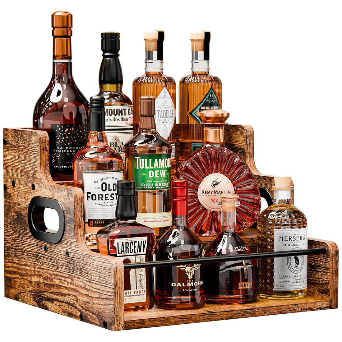 Raft Expunere Sticle Elindor®, Suport Bauturi 3 Niveluri pentru Bar sau Bucatarie, din Lemn, Design Vintage, pentru Vin, Whiskey, Rom, 40 × 30 × 23.8 cm, Maro