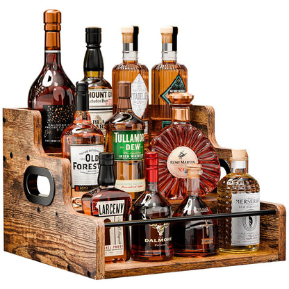 Raft Expunere Sticle Elindor®, Suport Bauturi 3 Niveluri pentru Bar sau Bucatarie, din Lemn, Design Vintage, pentru Vin, Whiskey, Rom, 40 × 30 × 23.8 cm, Maro